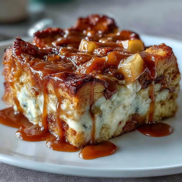 A comforting Caramel Apple Cheesecake Bread Pudding garnished with diced apples and spices.