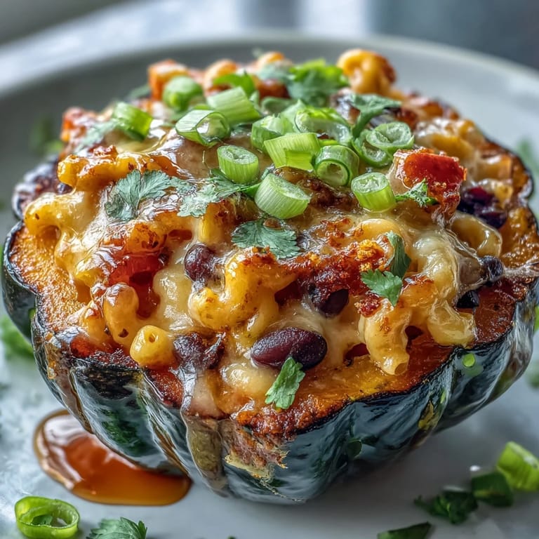 Fresh cilantro and green onions top this vegetarian Hot Honey Chili Mac Stuffed Squash, served bubbly and hot.