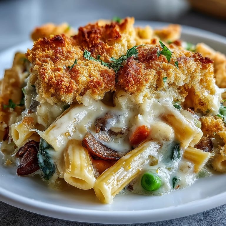 Served in rustic bowls, the vegetarian pot pie pasta is garnished with fresh parsley for a cozy family dinner.