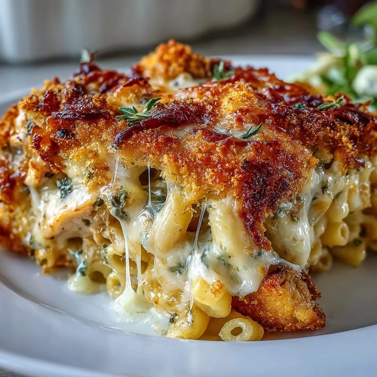 Freshly baked Baked Pesto Chicken Mac & Cheese in ceramic dish with crispy panko Parmesan topping.