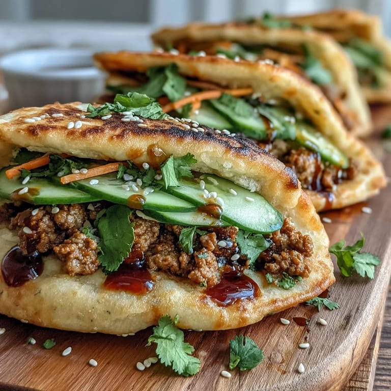 Korean Turkey Stuffed Naan Pockets sit on a plate beside lime wedges, cilantro, and sesame seeds.