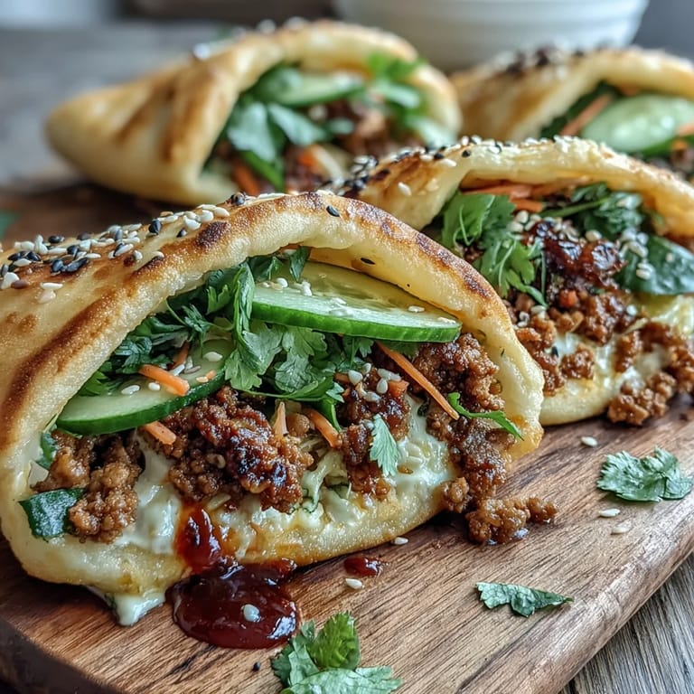 Handheld Korean Turkey Stuffed Naan Pockets are garnished with shredded carrots, a drizzle of spicy mayo, and sesame.