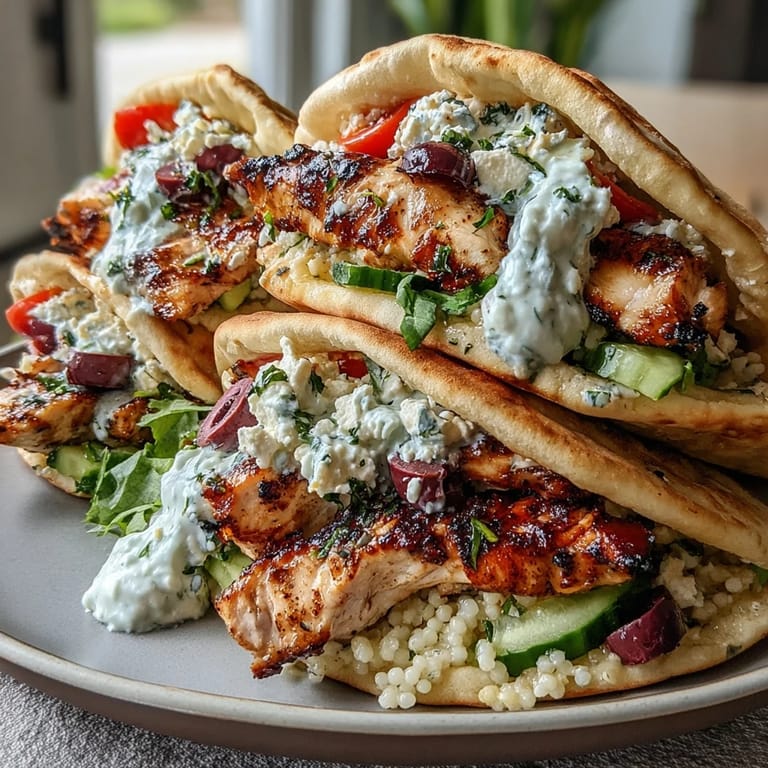 Warm pita bread hugging slices of lemon-marinated chicken, pearl couscous salad, and crumbled feta cheese.