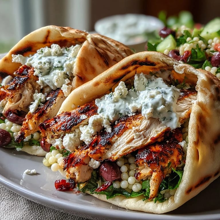 Freshly assembled Greek Chicken Feta Stuffed Pitas with cucumber, tomatoes, and creamy tzatziki drizzle.