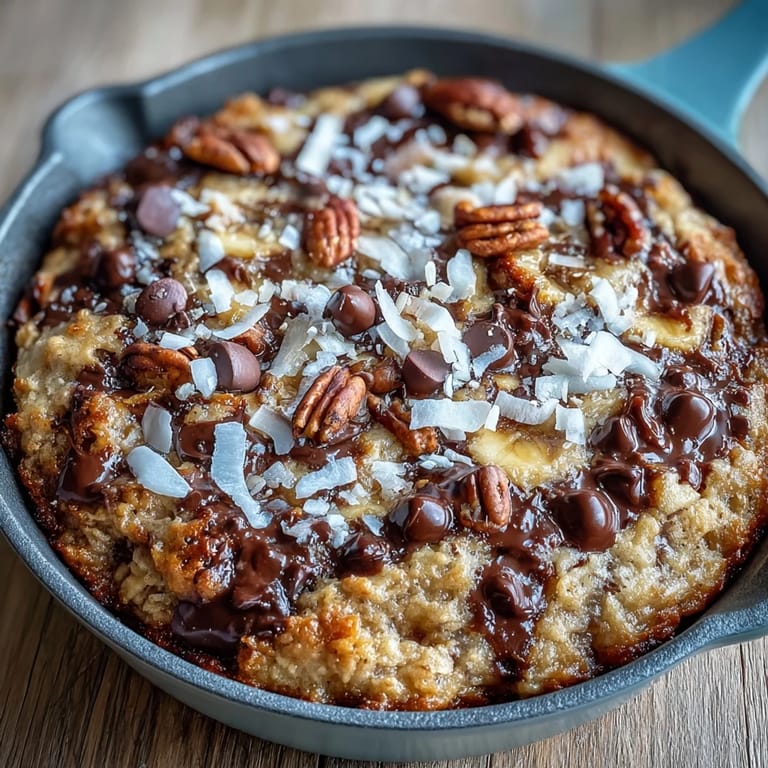 Freshly baked Chunky Monkey Oatmeal Cookie Skillet sits in a cast iron pan, topped with a scoop of vanilla ice cream melting on top.