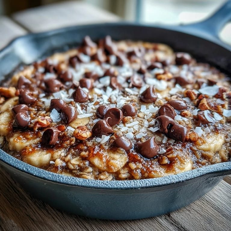 A freshly sliced wedge of warm Chunky Monkey Oatmeal Cookie Skillet reveals a soft banana-infused center studded with rich chocolate and crunchy walnuts.