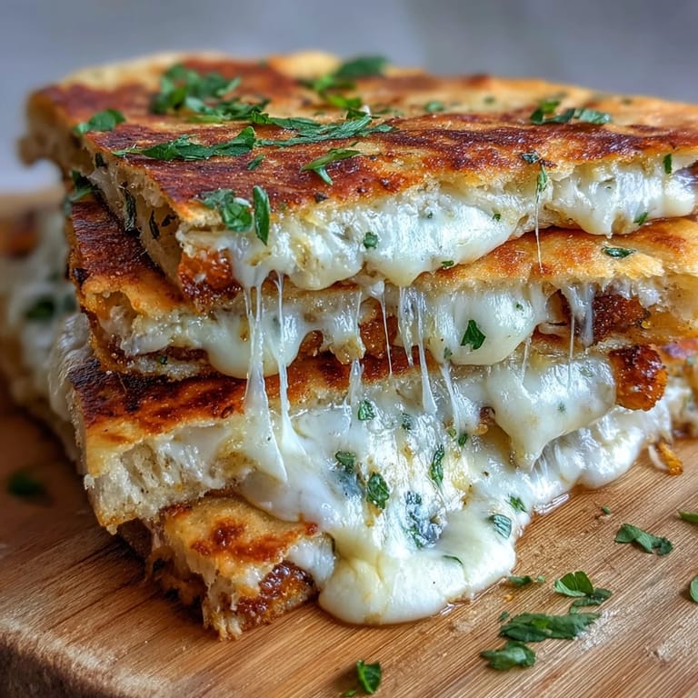 Crispy-edged Brown Butter Garlic Naan Grilled Cheese rests on a cutting board, garnished with fresh parsley.