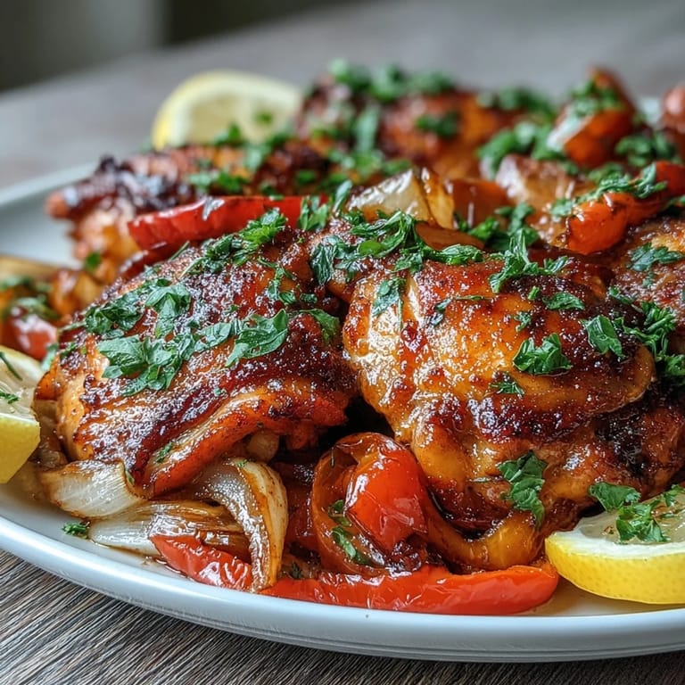 Tender paprika chicken thighs, roasted with sweet peppers and onions, served straight from the skillet.