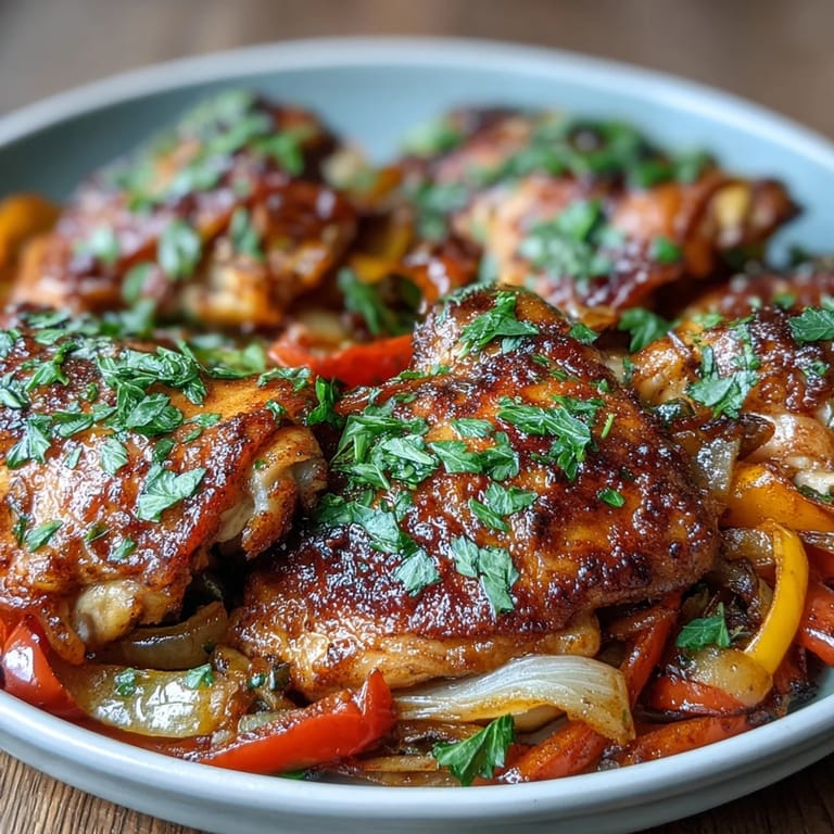 A vibrant One-Pan Paprika Chicken with Peppers and Onions, garnished with fresh parsley and lemon wedges.