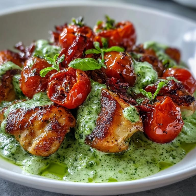 Plate of Keto Creamy Pesto Chicken with Roasted Tomatoes served over zucchini noodles, garnished with fresh basil leaves.