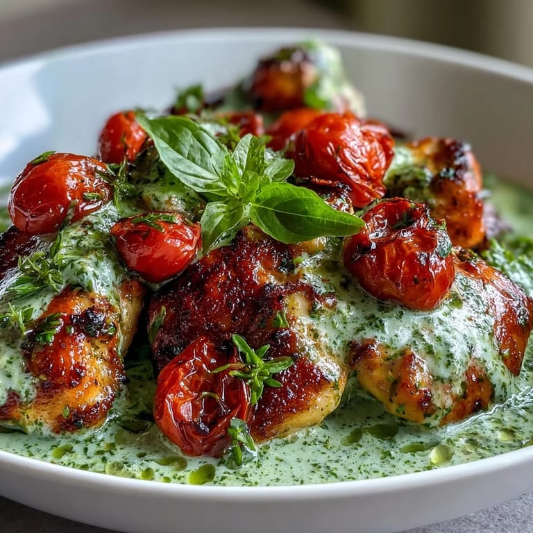 Keto Creamy Pesto Chicken with Roasted Tomatoes fresh out of the skillet, featuring juicy tomatoes and melted Parmesan topping.