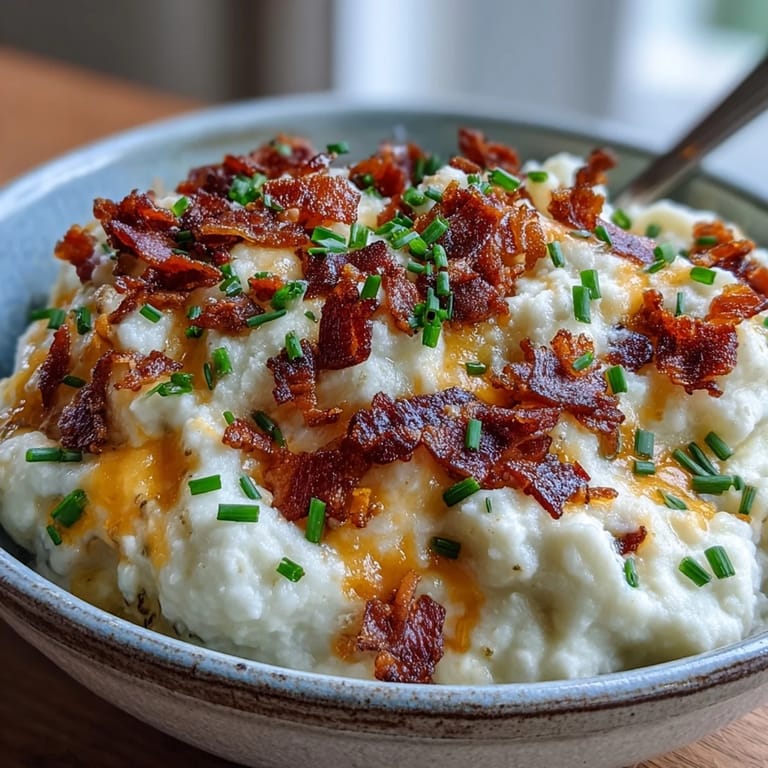 Steaming Keto Bacon and Cheddar Cauliflower mash in a rustic bowl, garnished with bacon and chives.