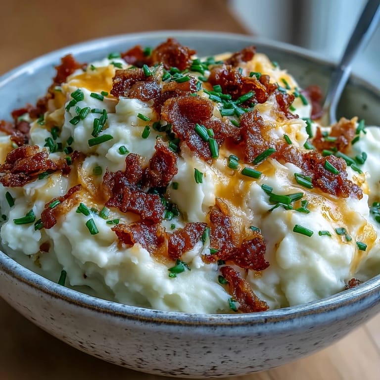 Garlic-roasted cauliflower mash topped with sharp cheddar and chopped chives, ideal for a low-carb side dish.