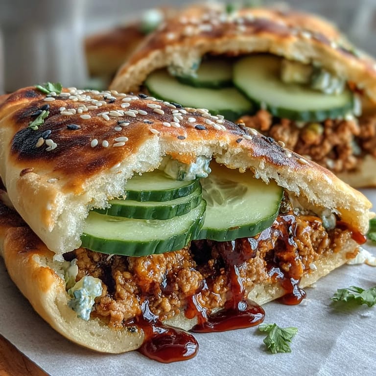 Sliced cucumbers and fresh scallions garnish these handheld Korean turkey stuffed naan pockets.