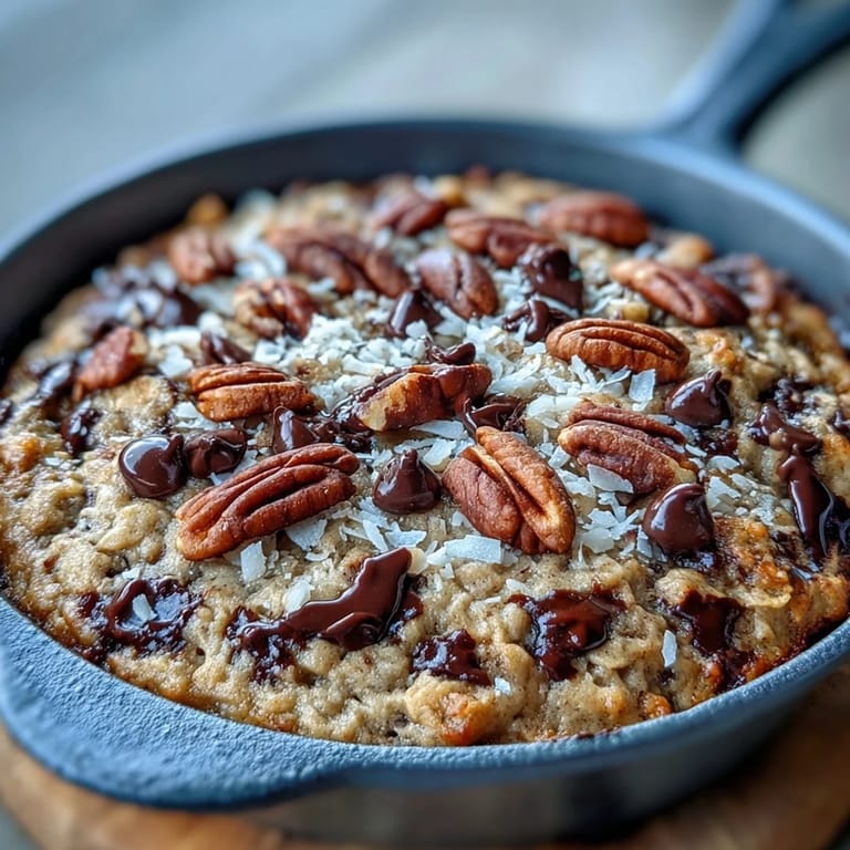Freshly baked Chunky Monkey Oatmeal Cookie Skillet sits in a cast iron pan, topped with a scoop of vanilla ice cream melting on top.