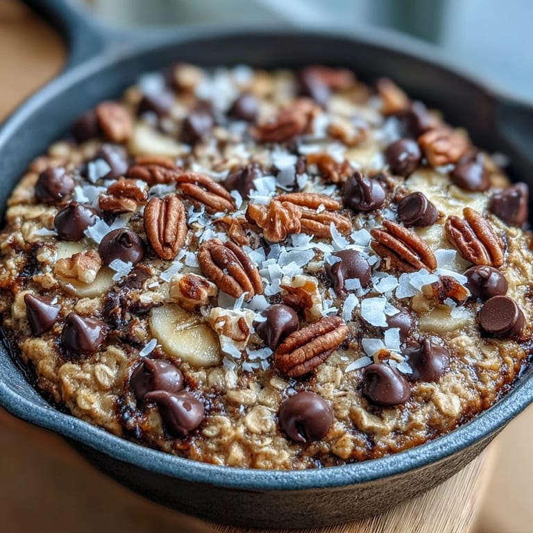 A freshly sliced wedge of warm Chunky Monkey Oatmeal Cookie Skillet reveals a soft banana-infused center studded with rich chocolate and crunchy walnuts.
