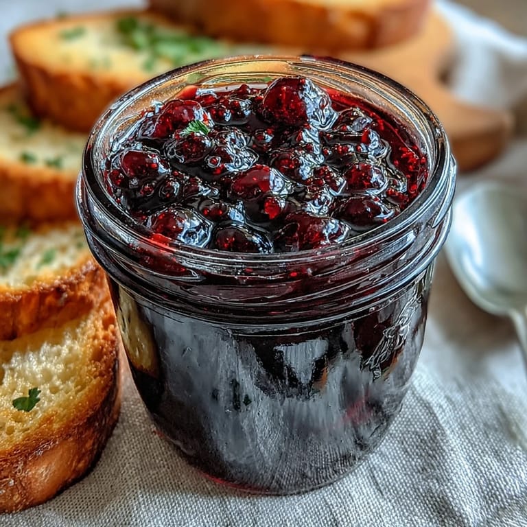 Freshly made black currant jam in a spoon, its vibrant color and thick texture hinting at a tangy-sweet flavor.