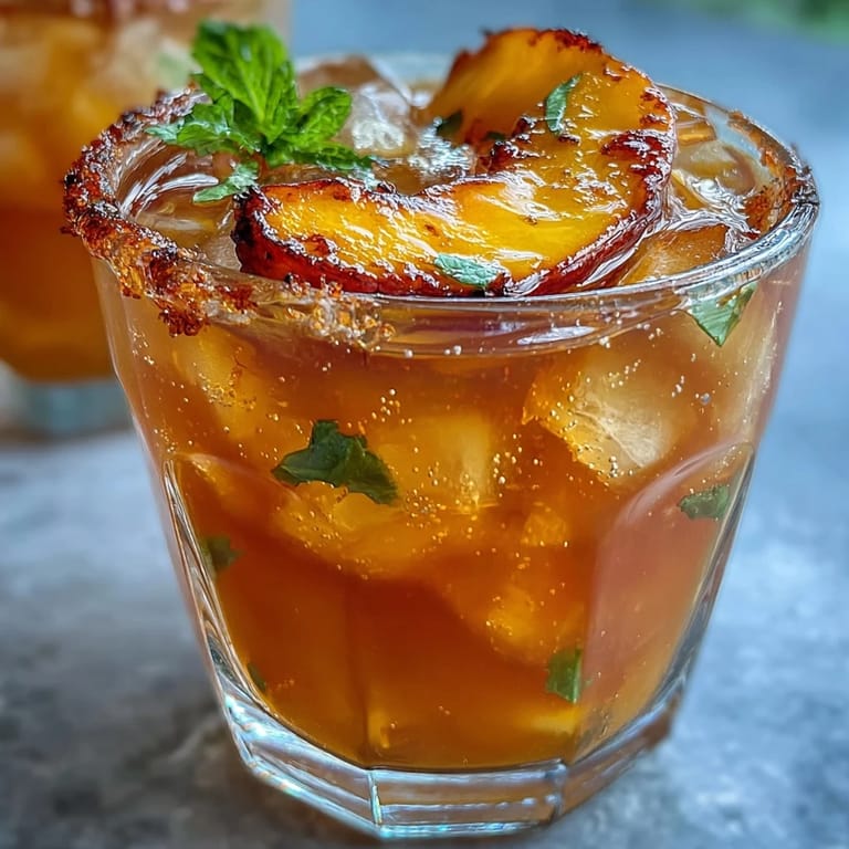 Homemade mango iced tea made with black tea and pureed mango, chilled and served over ice for a fruity drink.