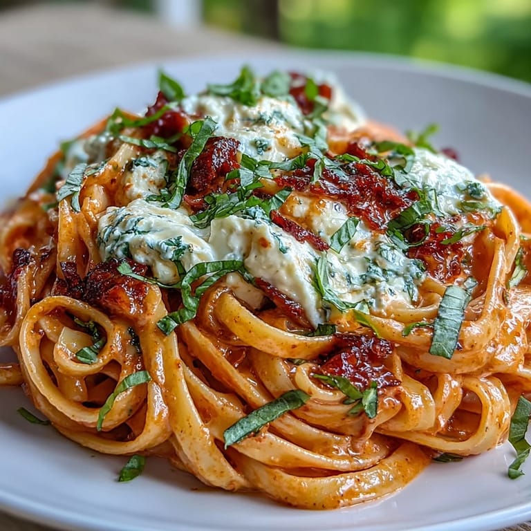 A close-up of Creamy Red Pepper Pasta with Burrata & Herbs, showcasing the rich, smooth sauce and creamy cheese center.
