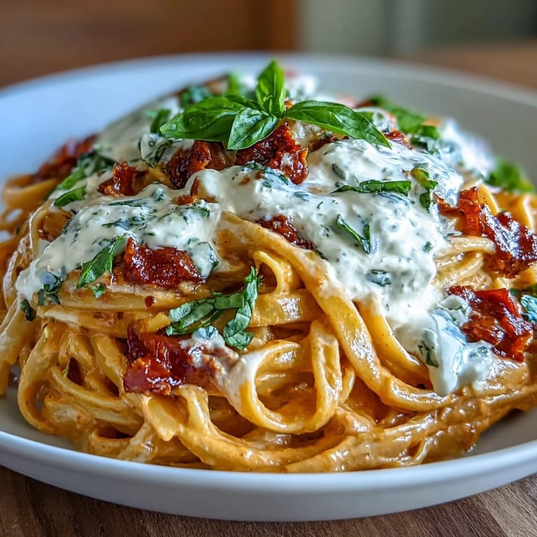 Velvety roasted red pepper sauce coats al dente pasta, topped with torn burrata cheese and aromatic fresh basil.  