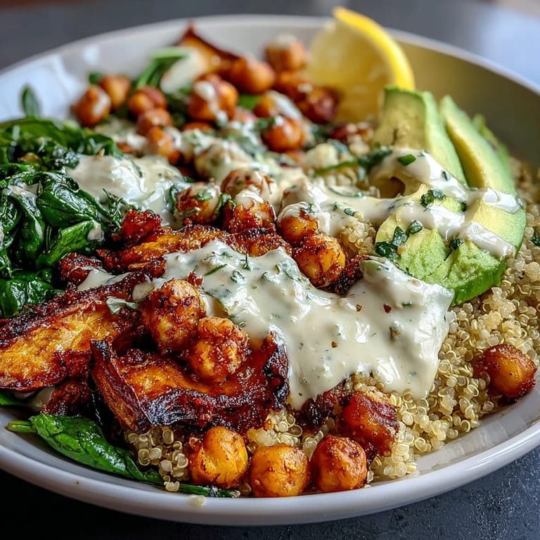 Vibrant anti-inflammatory glow bowl with quinoa, creamy tahini yogurt sauce, and colorful roasted vegetables for a healthy lunch or dinner.