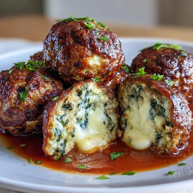 Juicy homemade meatballs stuffed with fresh spinach, minced garlic, and gooey mozzarella, served hot and ready to impress.  