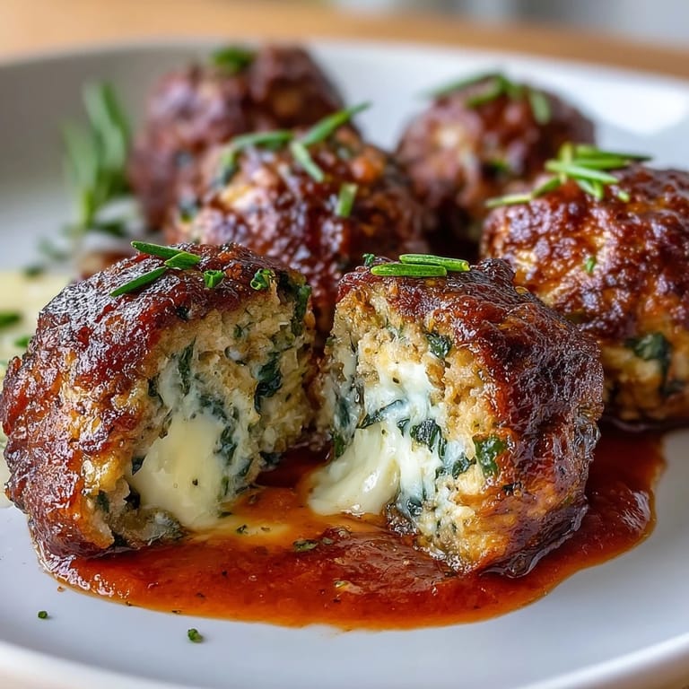 Flavorful spinach and garlic meatballs with melty mozzarella centers, baked until browned and perfect for pasta or sandwiches.