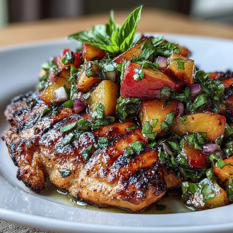 A healthy grilled chicken dinner topped with colorful peach basil salsa, perfect for outdoor gatherings or weeknight meals.
