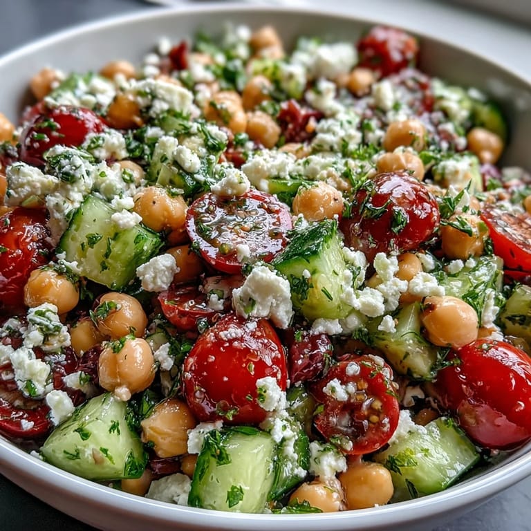 Bright and fresh Mediterranean chickpea salad featuring crisp veggies, herbs, and a lemon-oregano dressing.  