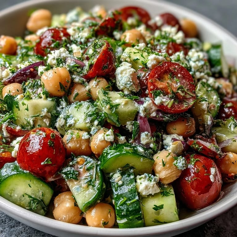 Hearty and refreshing Mediterranean chickpea salad with cucumbers, bell peppers, and creamy feta crumbles.