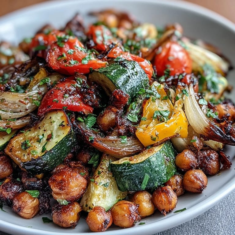 Colorful Lemon Garlic Roasted Vegetable Medley with Chickpeas, a healthy Mediterranean-inspired side dish with caramelized vegetables and a bright lemon-garlic dressing.