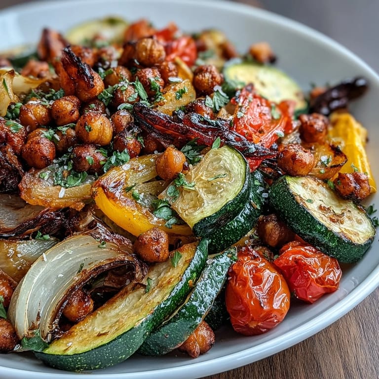 Aromatic Lemon Garlic Roasted Vegetable Medley with Chickpeas, featuring tender roasted vegetables and protein-rich legumes, seasoned with fresh herbs and citrus zest.