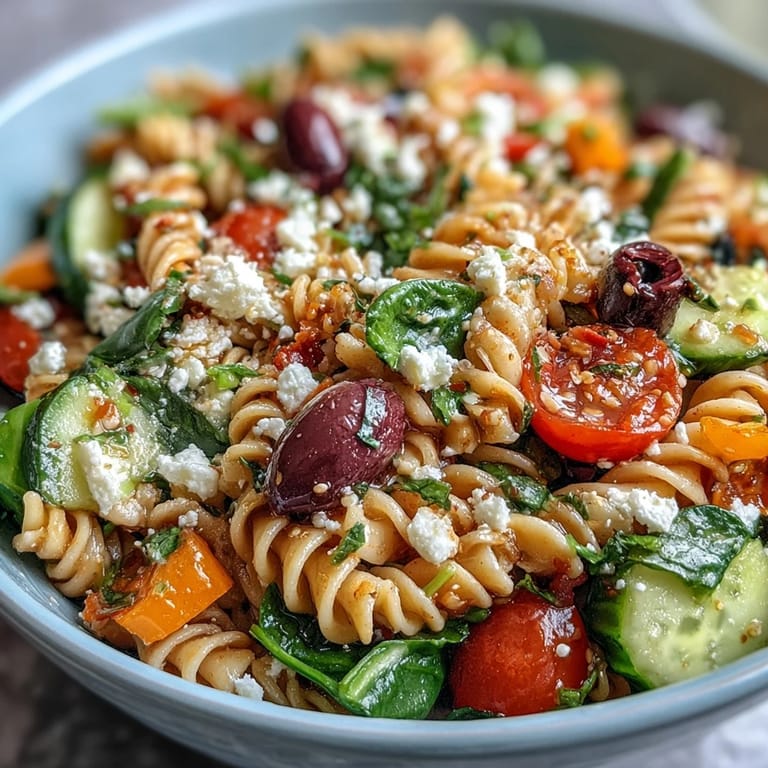 Healthy, refreshing Greek pasta salad featuring al dente whole grain pasta, fresh greens, olives, and crumbled light feta cheese.