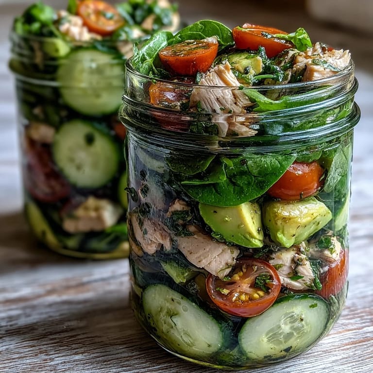 Fresh avocado and tender chicken layered with spinach and lime dressing in portable mason jars for easy keto lunches.