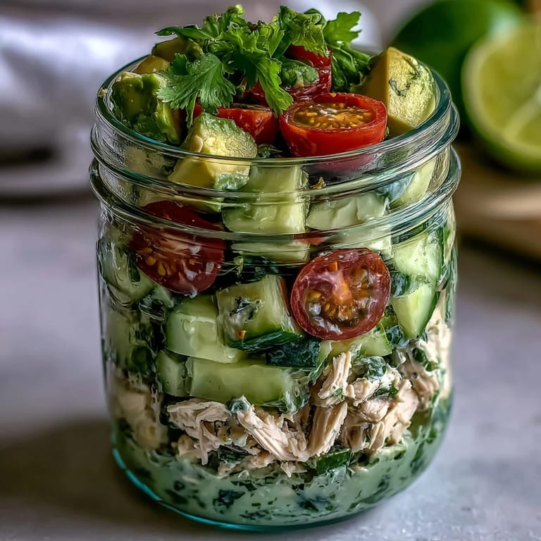 Mason jar avocado chicken salad with cherry tomatoes and cucumber, perfect for quick, mayo-free keto meal prep.