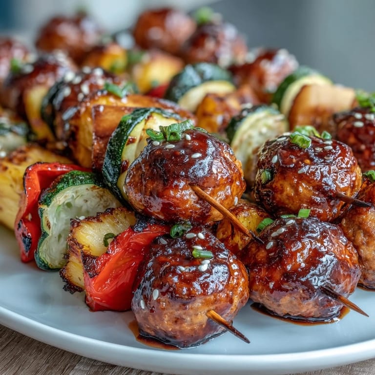 Juicy lean turkey meatballs coated in homemade teriyaki sauce, paired with vibrant pineapple and vegetable skewers for a fresh, Asian-inspired meal.