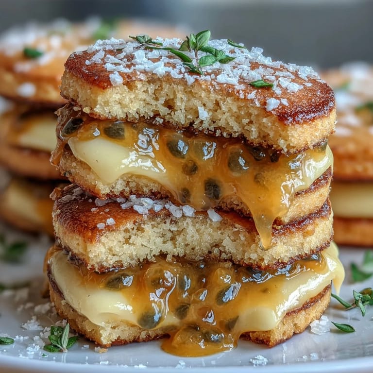 Buttery, golden sandwich cookies bursting with bright passionfruit curd filling, ideal for special occasions.