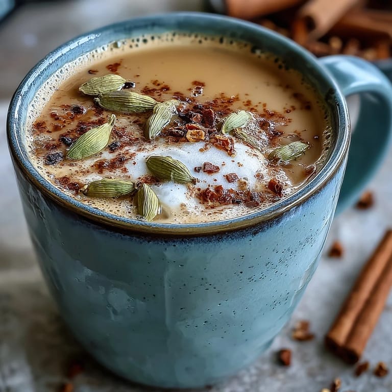 Rich and creamy cardamom chai latte served with a sprinkle of cinnamon, offering a fragrant and comforting spiced tea experience.  