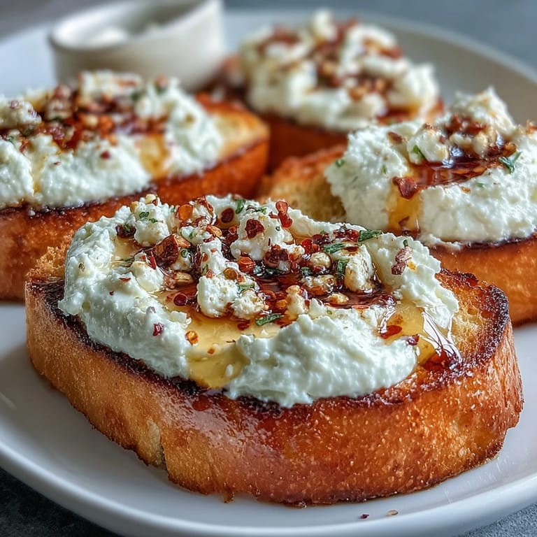 Crispy baguette slices topped with tangy whipped feta, sweet-hot honey drizzle, and a touch of crushed red pepper for heat.