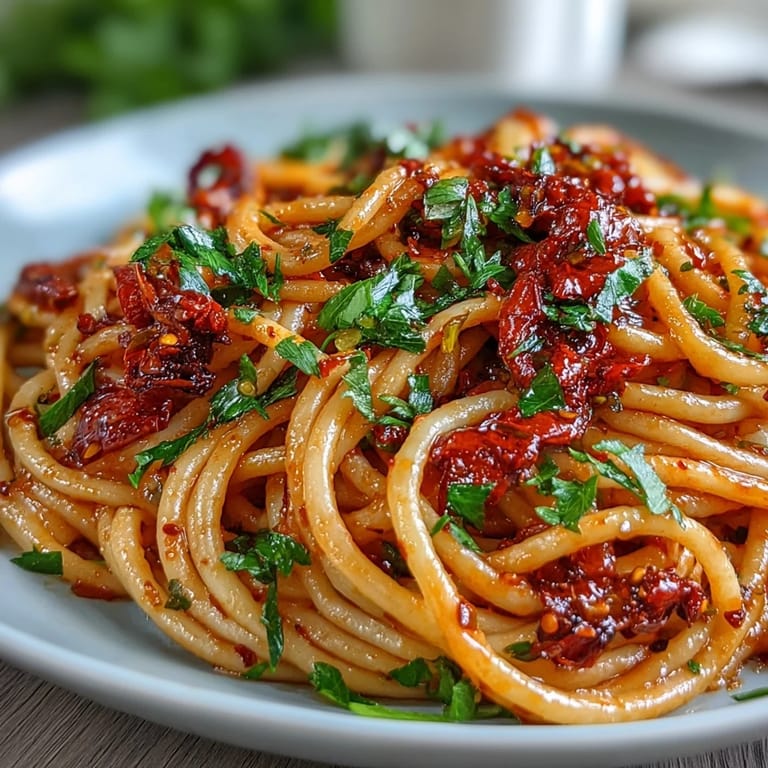 A vibrant bowl of Spicy Calabrian Chili Pasta with al dente bucatini tossed in chili-infused olive oil and topped with grated Pecorino Romano.  