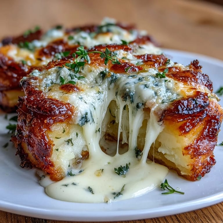 Decadent potato gratin with smashed golden potatoes, creamy garlic sauce, and a golden cheese crust, perfect for holiday tables.