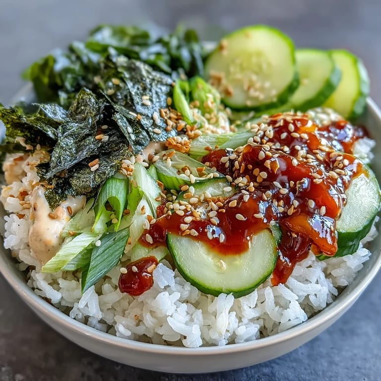 Deconstructed sushi bowl featuring seasoned rice, crunchy vegetables, and a drizzle of spicy mayo for bold flavor.