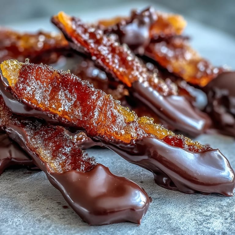 Vibrant orange peel transformed by sugar syrup and luxuriously dipped in dark chocolate, creating a zesty, elegant confection.