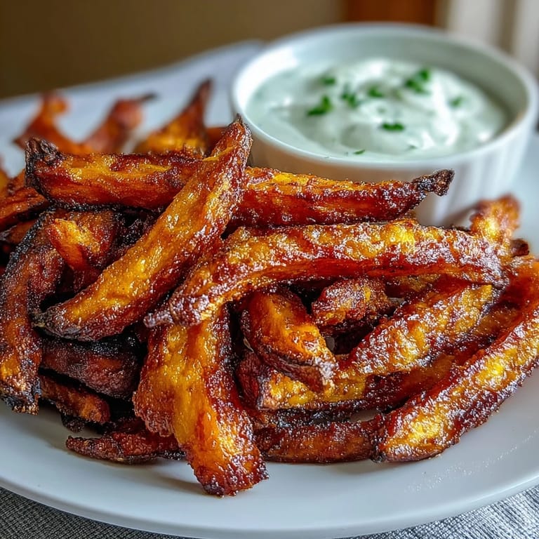 Easy air fryer sweet potato fries with garlic and smoked paprika, served hot with rich, creamy onion dip—perfect for dipping and sharing.