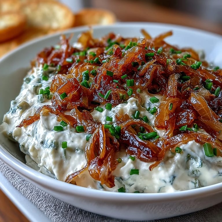 Rich and savory caramelized onion dip featuring tangy sour cream, garnished with bright green chives and a sprinkle of paprika for color.  