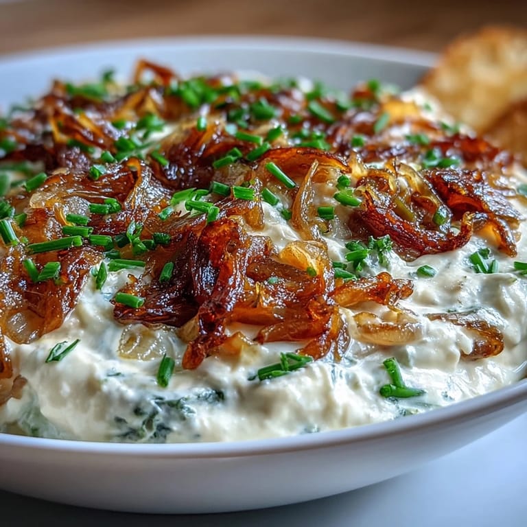 Warm, golden caramelized onions blended into a smooth sour cream dip, topped with fresh herbs and ready to serve with crackers and veggies.