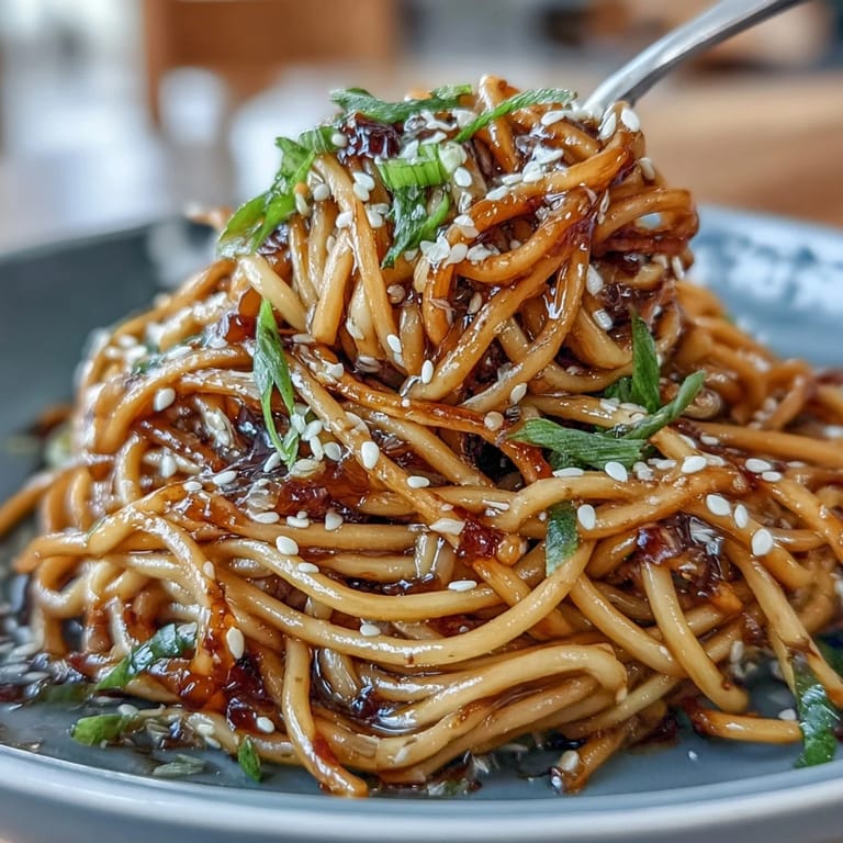 Tender noodles coated in a rich soy glaze, infused with aromatic ginger and scallion for an umami-packed vegetarian dish.