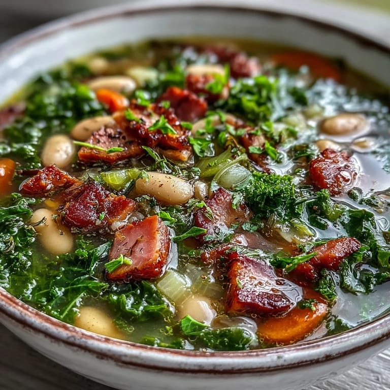 Hearty ham and kale white bean soup served in rustic bowls, garnished with fresh parsley and crusty bread on the side for a comforting meal.