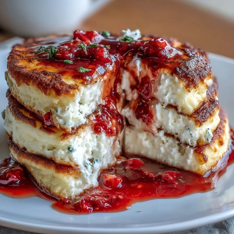 Golden-brown pancakes made with creamy cottage cheese, served with a luscious fresh strawberry syrup for a delightful morning meal.