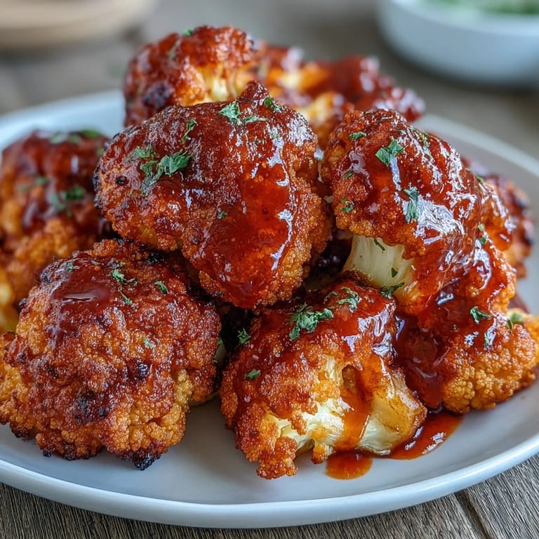 Spicy, tangy air fryer Buffalo cauliflower bites served with celery sticks for a healthy, plant-based snack.  